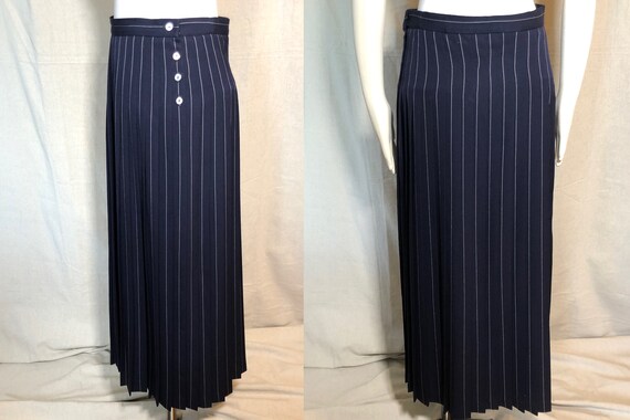 80s 90s Jaeger Navy Wool Pleated Maxi Skirt 12 M/L - image 2