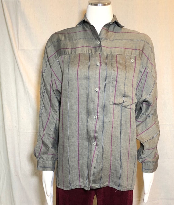 80s 90s Taupe Striped Linen Button Down Shirt S
