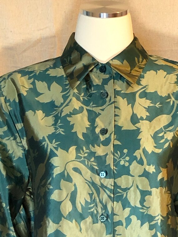 90s Green Silk Floral Blouse Boxy M / L - image 4