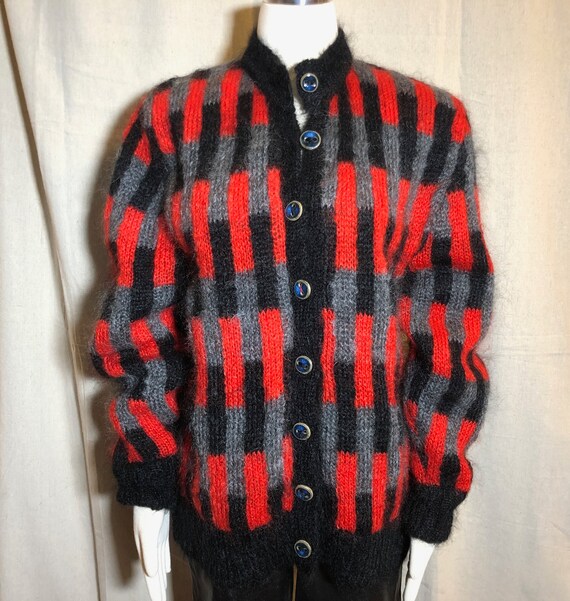 90s Red Gray Black Mohair Cardigan M - image 3