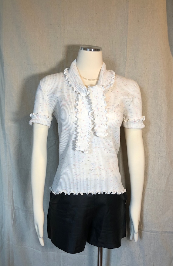 60s White Multi Marled Knit Top with Tie S/M