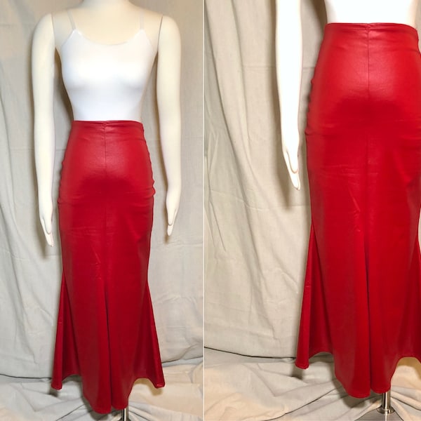 90s Red Spandex Fishtail Maxi Skirt S