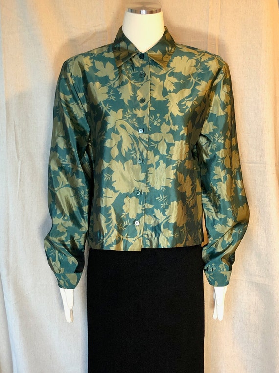 90s Green Silk Floral Blouse Boxy M / L - image 1