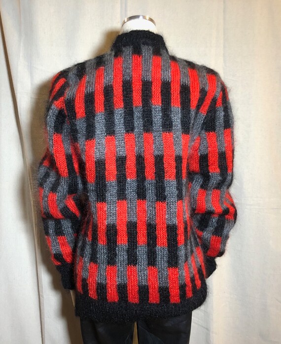 90s Red Gray Black Mohair Cardigan M - image 6