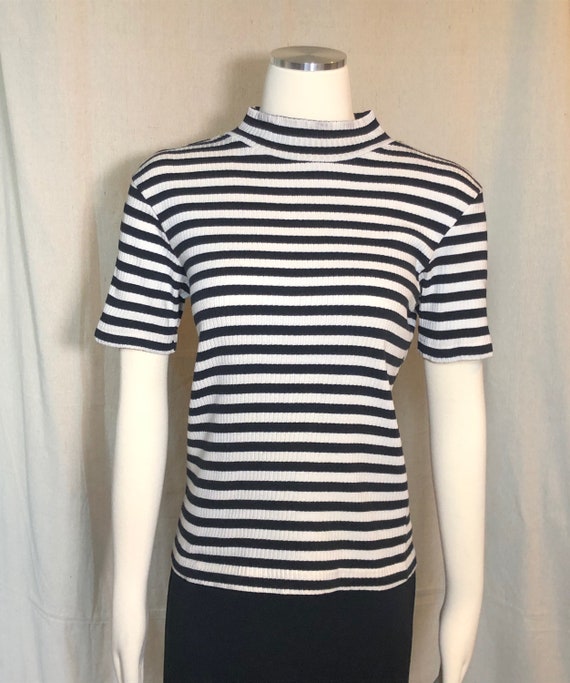 90s Black & White Striped Mockneck Top M - image 2