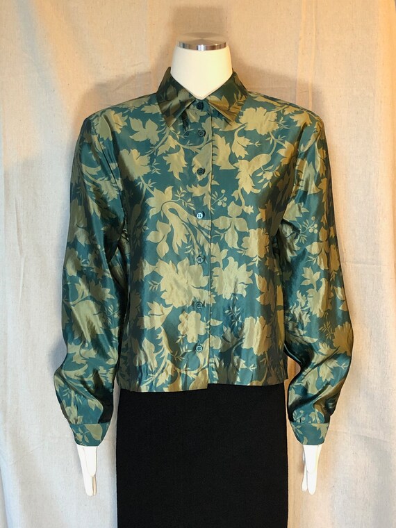 90s Green Silk Floral Blouse Boxy M / L - image 3