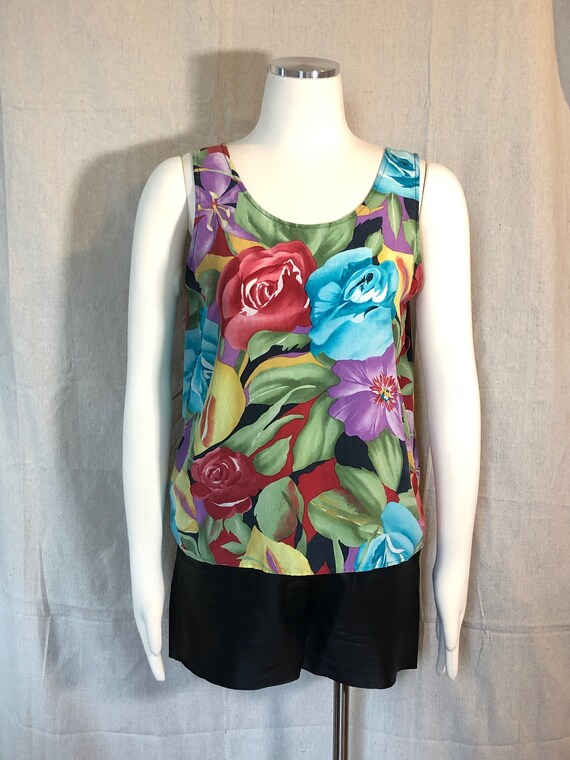 90s Tropical Floral Silk Tank Top L - image 1