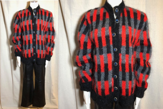 90s Red Gray Black Mohair Cardigan M - image 1