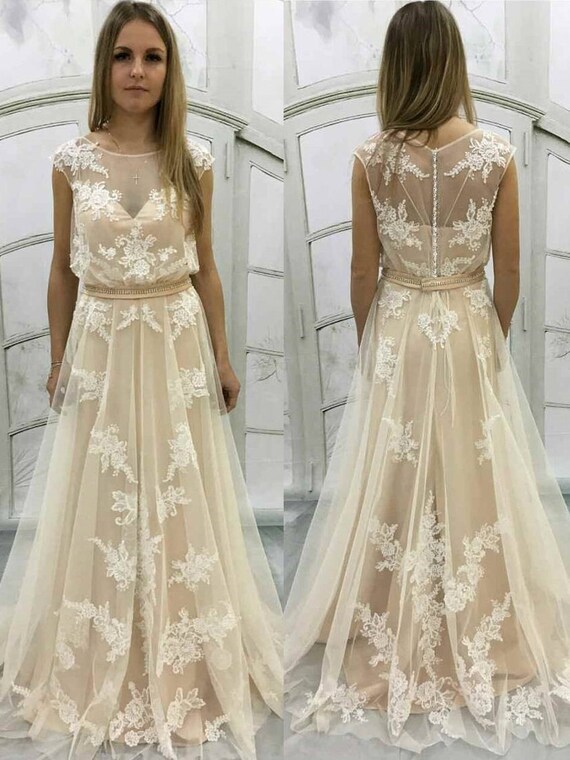 tan lace wedding dress