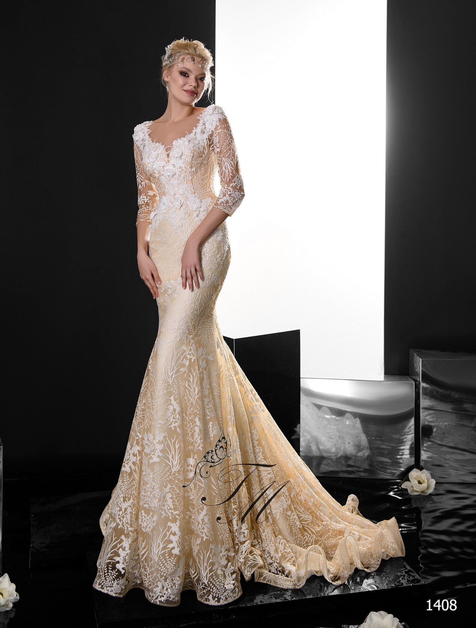 Beige lace mermaid wedding dress long sleeves closed lace | Etsy