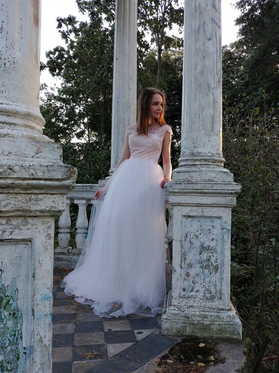 Pink Lace Wedding Dress With Lace Top Built In Sconce For Etsy
