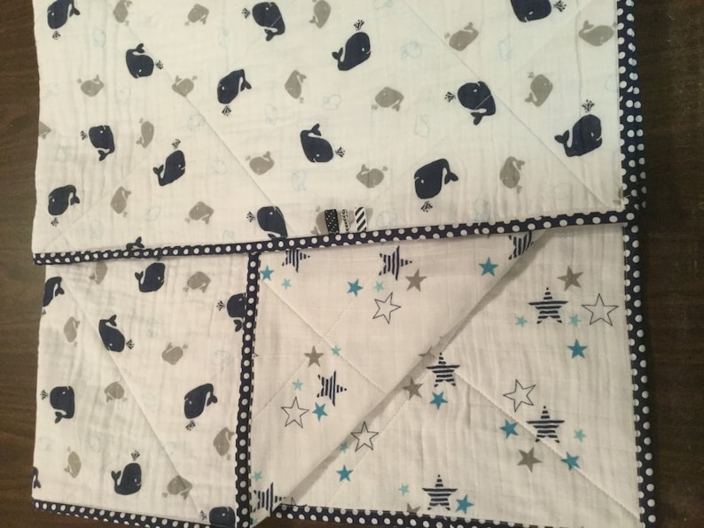 Quilted Double Gauze Whales /& Stars Baby Blanket NavyGrayWhite