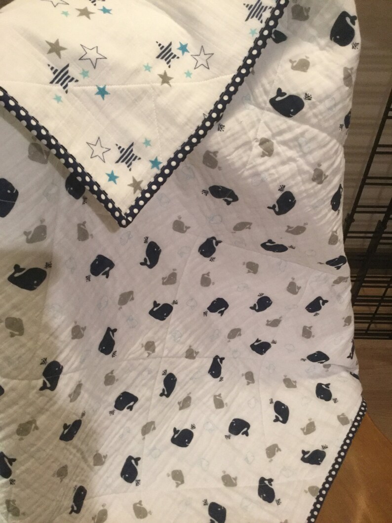Quilted Double Gauze Whales /& Stars Baby Blanket NavyGrayWhite