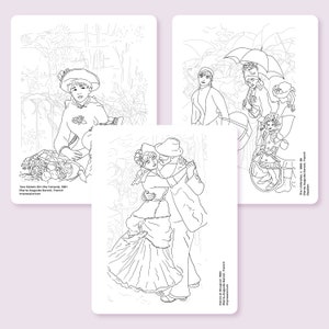 May include: Three black and white line drawings of paintings by Pierre-Auguste Renoir. The first image is titled "Two Sisters on the Terrace, 1881". The second image is titled "Dance at Bougival, 1883". The third image is titled "The Umbrellas, c. 1880-86".