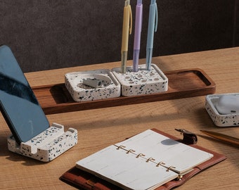 Terrazzo Jesmonite Desk Organizer with 4 Pieces, Wooden Tray, Desk Decor, Pen Holder, Wooden Catch All Trays, Home Office Desk Accessories