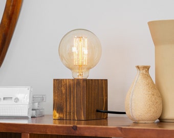 Black Wood Desk Lamp - Wood Cubic Table Lamp - Lamp Base - Industrial Minimal Style