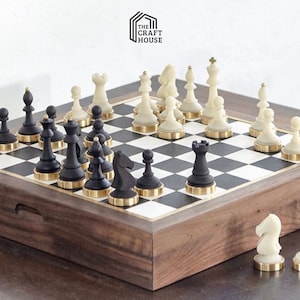 Luxury Chess Set, Handmade Chess Board, Resin Chess Pieces, Gorgeous Walnut Brass Chess Board, Personalized Chess Set, Premium Gift for Him
