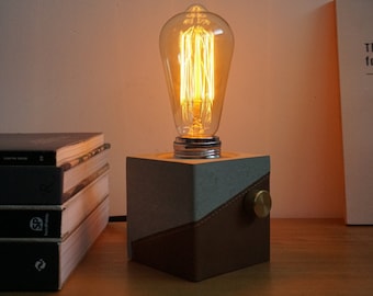 Industrial Minimal Lamp - Leather Concrete Lamp With Brass Dimmer - Home Decor Gift - Housewarming Gift - Wedding gift