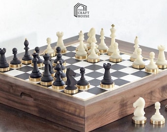 Luxury Chess Set, Handmade Chess Board, Resin Chess Pieces, Gorgeous Walnut Brass Chess Board, Premium Gift for Him