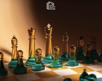Handmade Chess Set, Resin Chess Pieces, Colorful - Helio Chess Set, 11inch Leather MDF Chess Board, Modern Chess Set, Premium Gift for Him