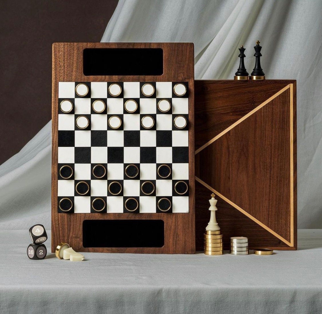 Checker Print Set Premium Checkers Chess Set - Walnut, Brass and Leather Checker Chess ...