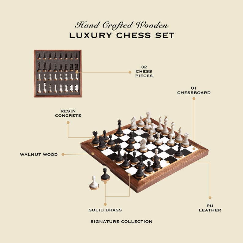 Op de afbeelding: Een luxe schaakset met 32 stukken, een schaakbord en een opbergdoos. De set heeft zwarte en witte schaakstukken, een walnoten houten frame en PU leer. De tekst luidt "Hand Crafted Wooden LUXURY CHESS SET."