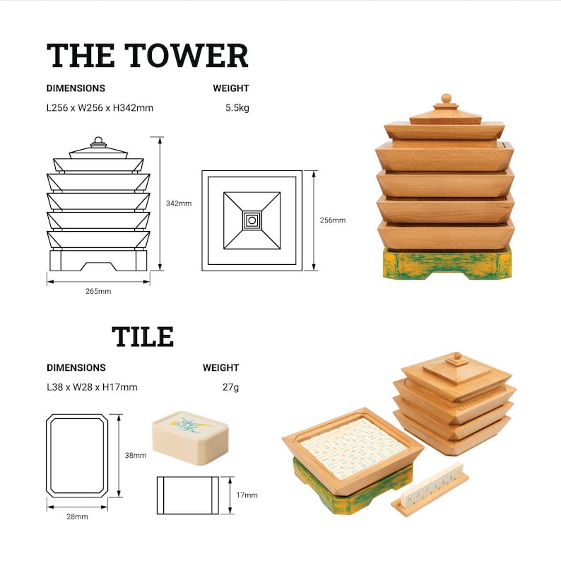 May include: Wooden tower game with a square base and multiple layers. The tower is 342mm high, 256mm wide, and weighs 5.5kg. Also shown is a tile with dimensions of 38mm x 28mm x 17mm and a weight of 27g.