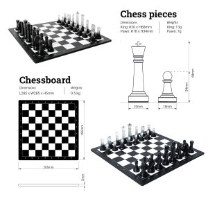 May include: A black and white chessboard with a set of black and clear chess pieces. The chessboard measures 28.5 cm by 28.5 cm and is 0.5 cm thick. The chess pieces are made of plastic and are approximately 6.8 cm tall. The chessboard and pieces are on a white background.
