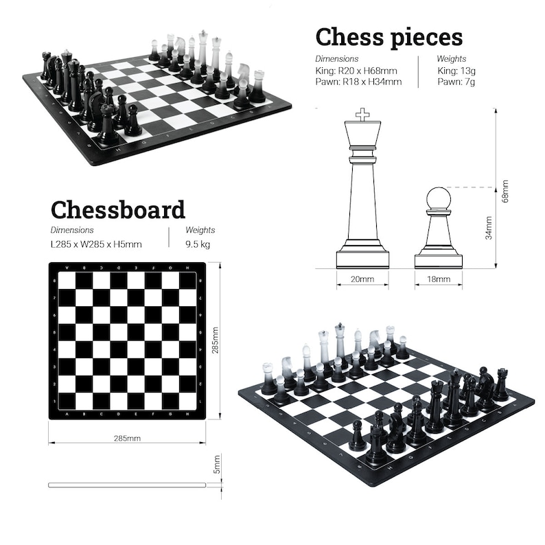 May include: A black and white chessboard with a set of black and clear chess pieces. The chessboard measures 28.5 cm by 28.5 cm and is 0.5 cm thick. The chess pieces are made of plastic and are approximately 6.8 cm tall. The chessboard and pieces are on a white background.