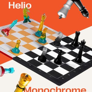 Handmade Resin Chess Set – Colorful Helio & Monochrome Pieces – 11&quot; Leather MDF Board – The King size 2.75”, Modern Gift for Him