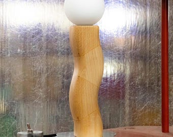 Sculptural Wooden Table Lamp, Wavy Wooden Standing Lamp with Opal Glass & Mirrored Base, Home Decor, Housewarming Gift