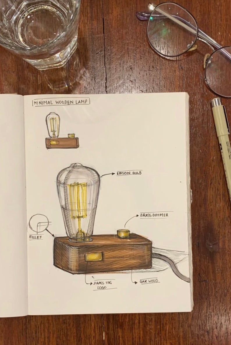 Kleine Lampe aus Holz, industrieller minimaler Stil, rechteckige renovierte Holz-Schreibtischlampe, Tischlampe, kostenloser personalisierter Anhänger, personalisiertes Geschenk Bild 9