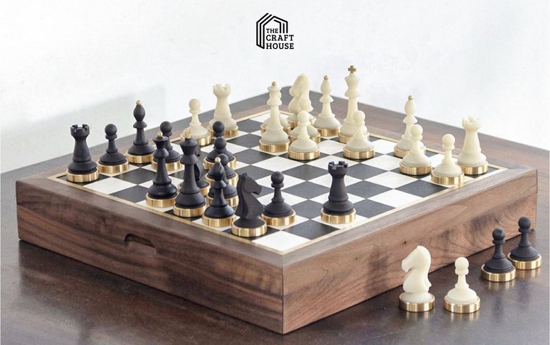 Premium Chess Set - Handmade Chess Board - Resin Chess Pieces - Gorgeous Walnut Brass Chess Board - Luxury Gift for Him - Christmas Gift - Birthday Gift