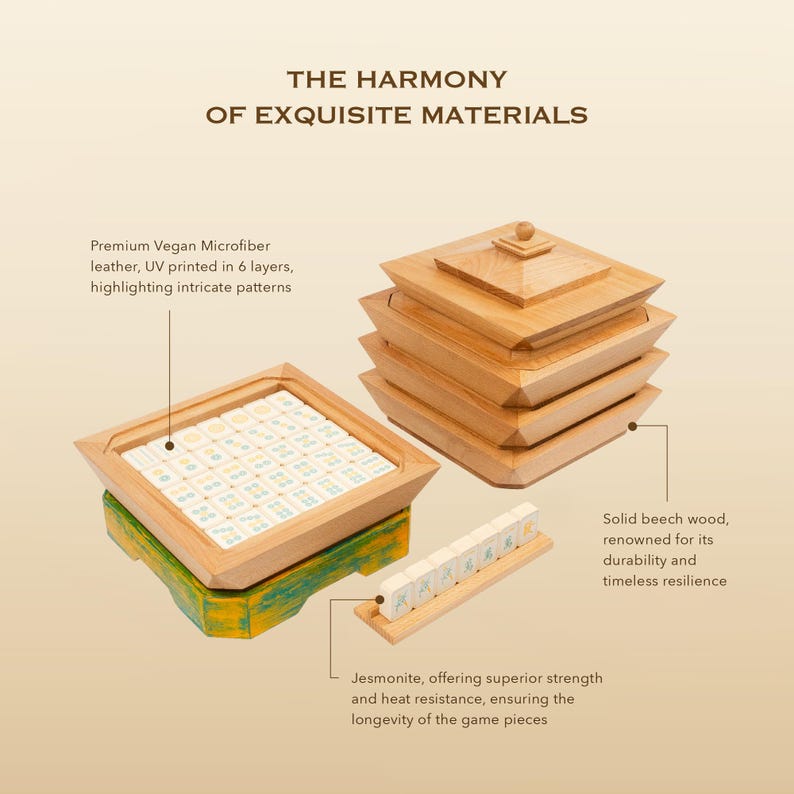 May include: A wooden game set with a light brown finish, featuring a stack of square boxes and a tray with game pieces. The set includes the text "THE HARMONY OF EXQUISITE MATERIALS". The game pieces are white with blue and yellow designs.
