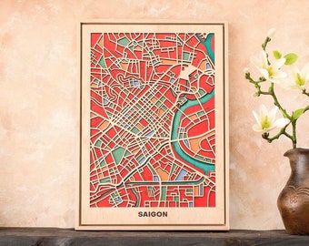 Plan de la ville en bois haut de gamme - carte en bois gravée - carte découpée au laser - oeuvre d'art murale - cadeaux de pendaison de crémaillère - cartes de la collection VietNam - vietnamien