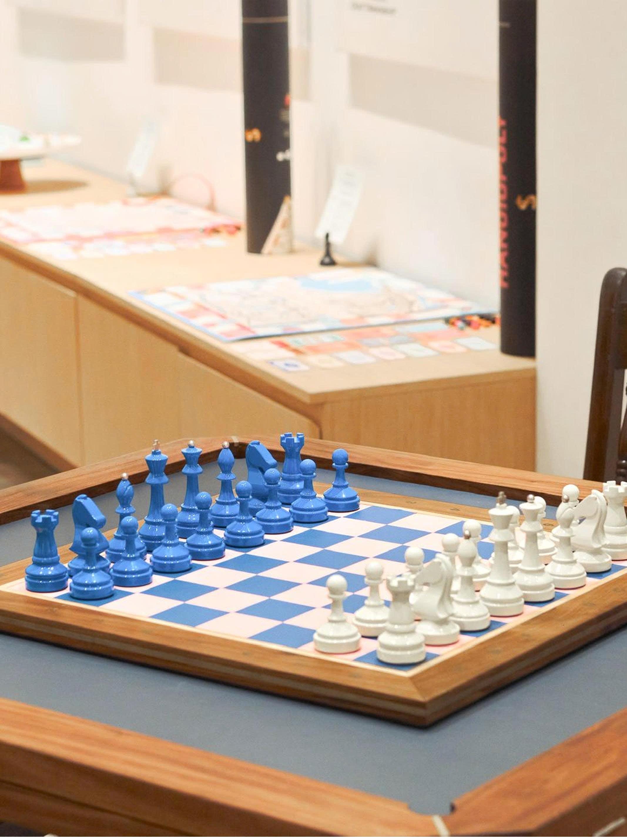 Tournament Chess Set, Wooden Leather Lacquered Bold Chess Board, White and Blue, Resin Chess Pieces, King size 3.6, Premium Gift for Him