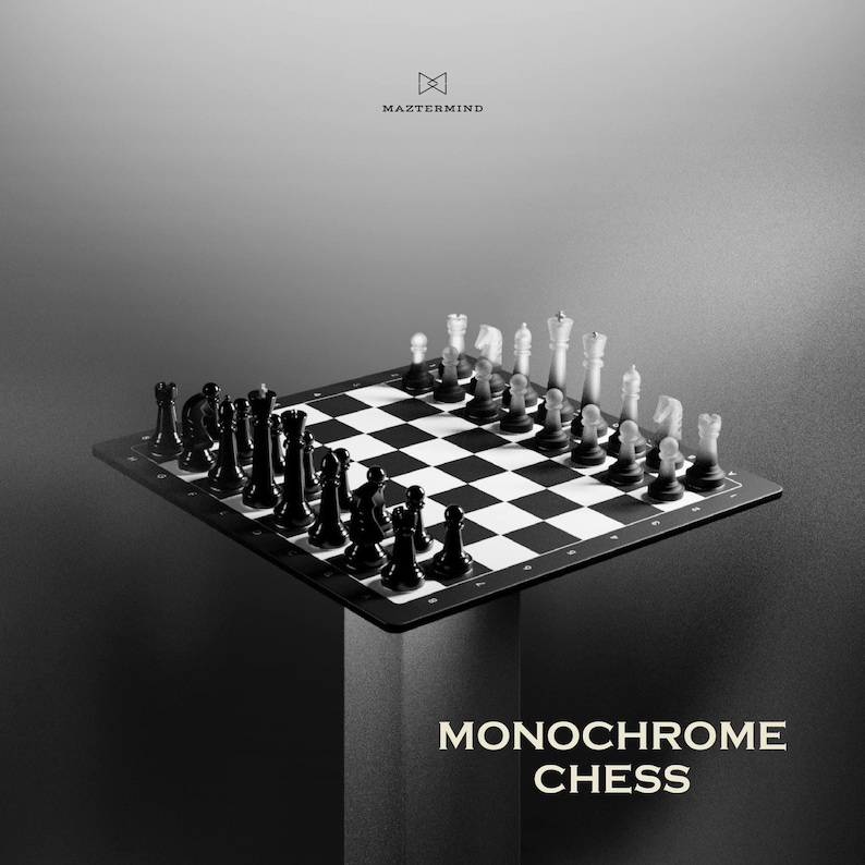 May include: A black and white chess set on a black and white chessboard. The chess pieces are arranged in a starting position. The chessboard is on a black pedestal. The text "MONOCHROME CHESS" is below the chessboard.
