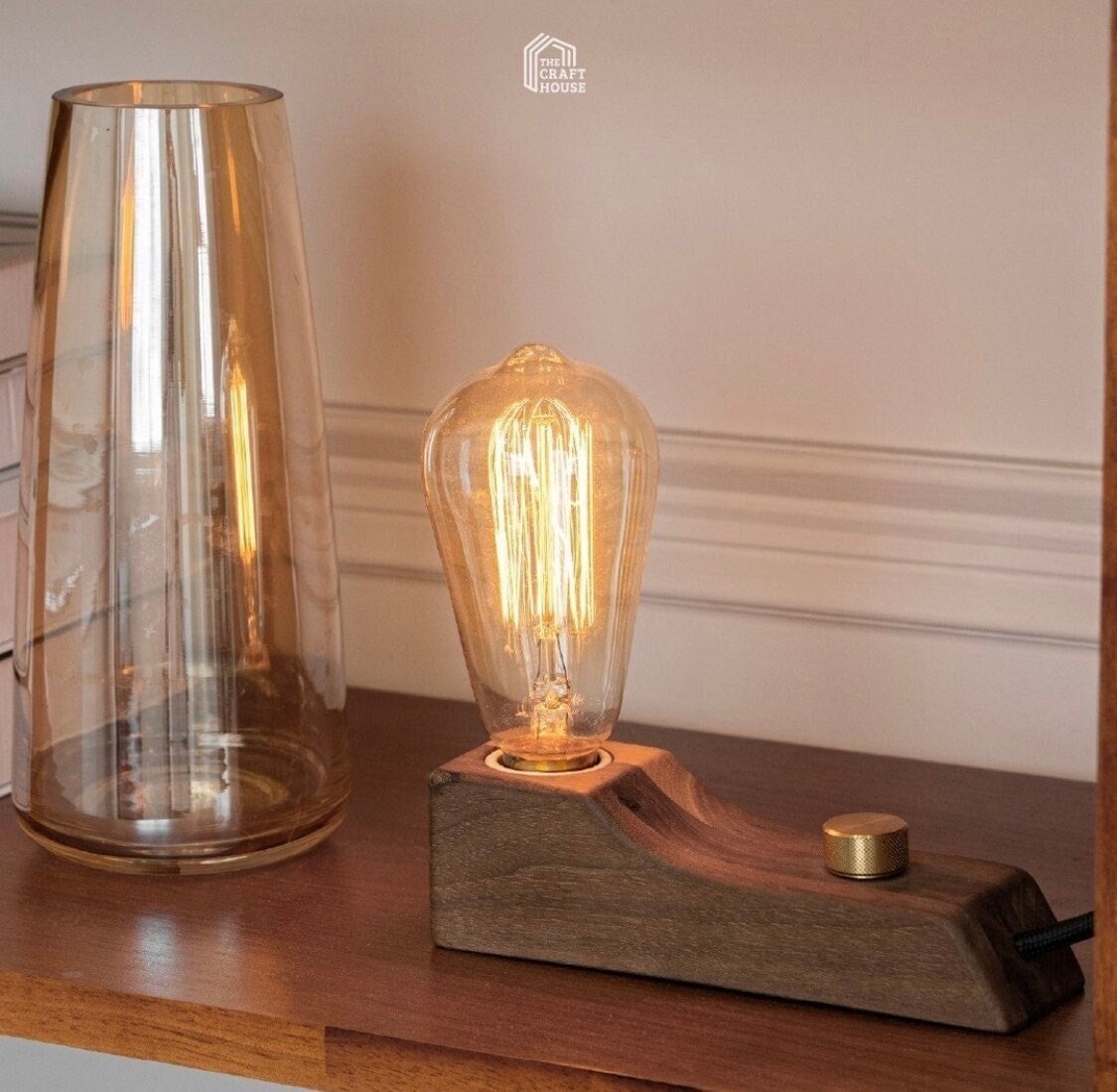 Wooden Small Lamp - Vintage Desk Lamp with Dimmable Brass - Table Lamp - Housewarming gift - Free Personalized Tag