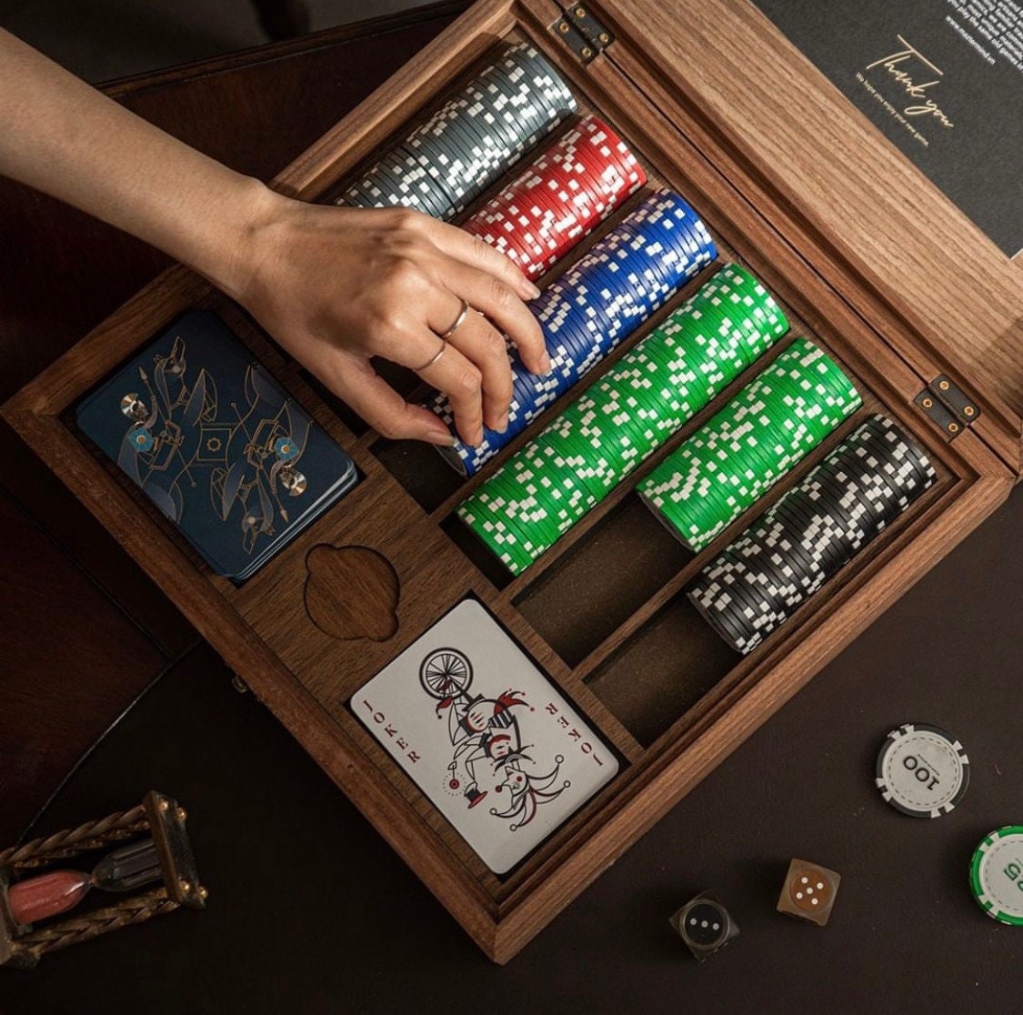 Custom Printed Mahogany Wood Poker Chip Set with 14 Gram Clay Ace King &  Suits Poker Chips - 200 Chips