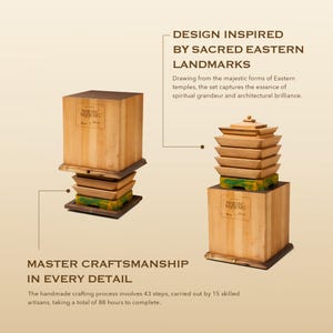May include: Two wooden sculptures inspired by Eastern temples. One is a stacked design with a square base and multiple layers. The other is a similar design, but with a single square base and a stack of trays.