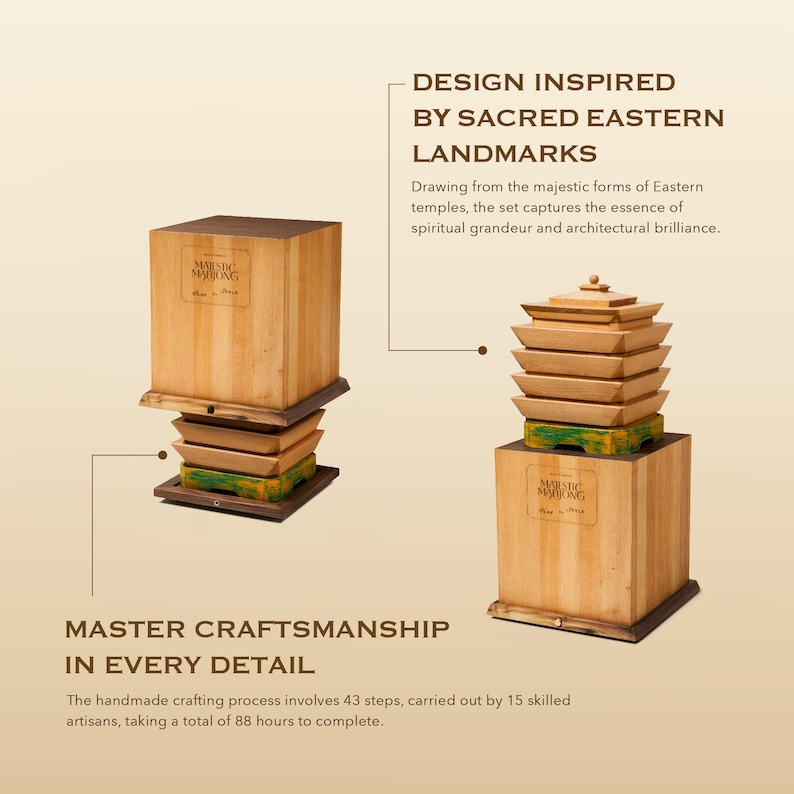 May include: Two wooden sculptures inspired by Eastern temples. One is a stacked design with a square base and multiple layers. The other is a similar design, but with a single square base and a stack of trays.