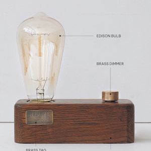 Houten kleine lamp, industriële minimalistische stijl, rechthoekig gerenoveerde houten bureaulamp, tafellamp, gratis gepersonaliseerde tag, gepersonaliseerd cadeau SET WITHOUT BULB