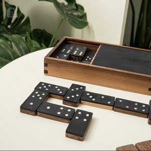 Premium Dominoes Set, Walnut Leather Dominoes, Personalized Dominoes Set, Wooden Dominoes Pieces, Family Board Game, Christmas Gift