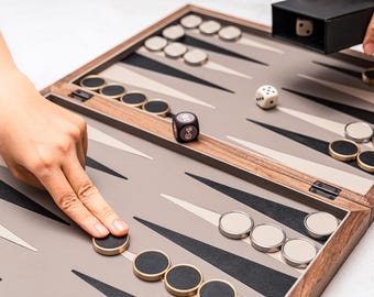 Premium Backgammon Set, 14"Inch Backgammon Board Game, Walnut Brass Leather Backgammon Set, Luxury Gift for Him
