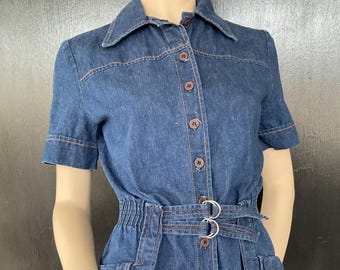 Blå sparkdräkt från 1970-talet, Happy Feet, vintage, liten