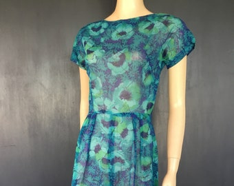 1960s blue green floral dress