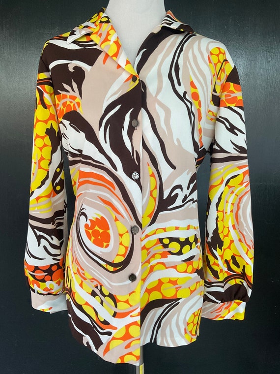 1970s Orange, brown and white Lanie J blouse
