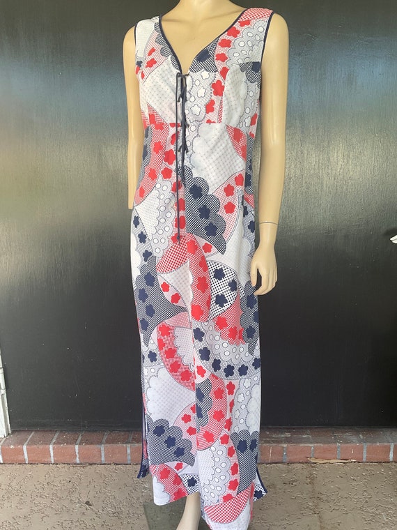 1970s white, red and blue Beeline maxi dress