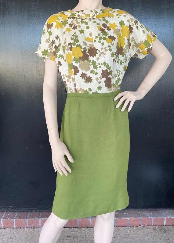 1960s green, gold and off white dress