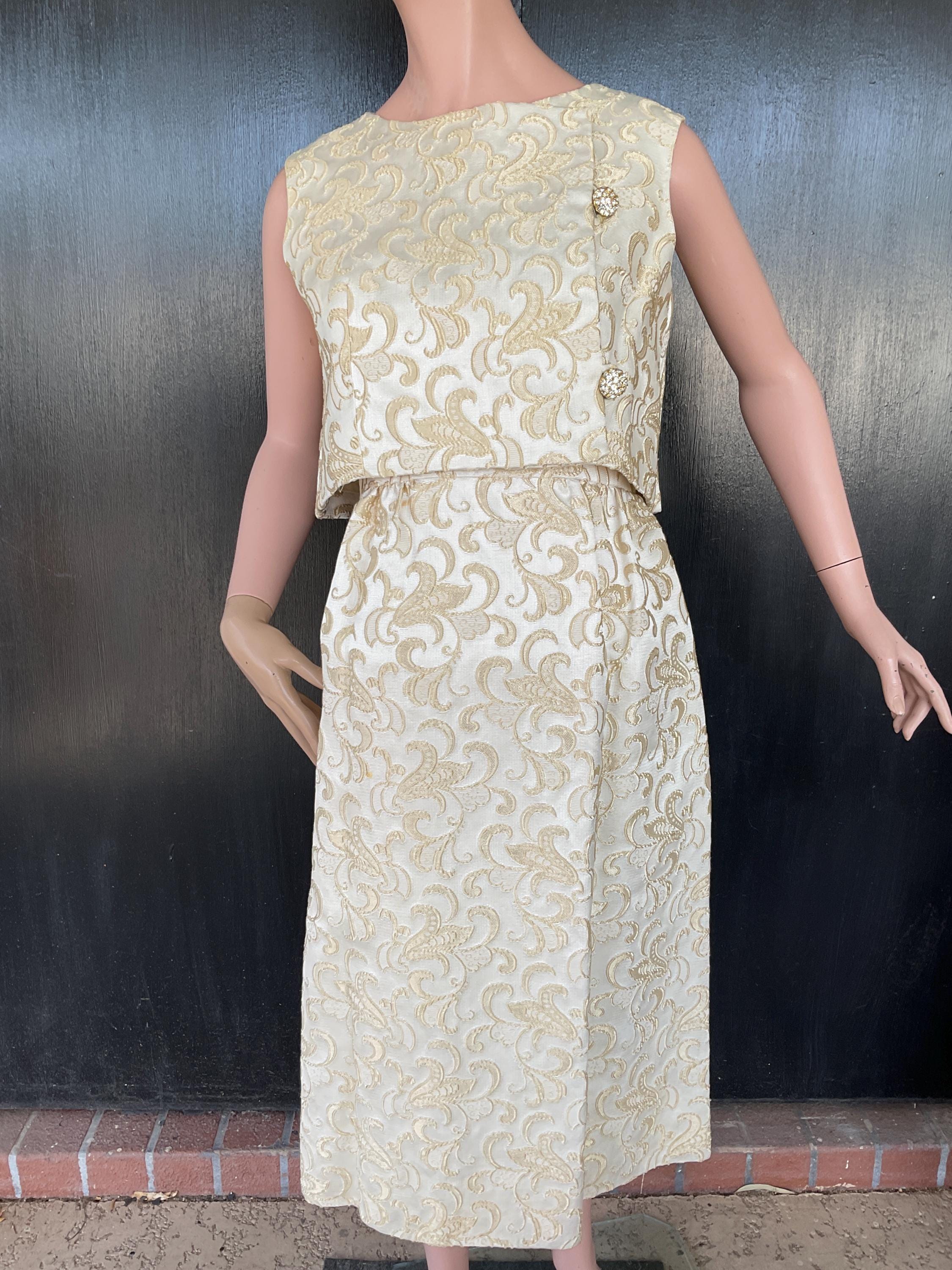 gold 60s dress Mort Schrader 1960s Mod Gold Brocade Tassel Sleeve Cocktail Dress –  Featherstone Vintage main image 1